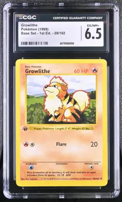 1999 Pokemon Game #28 Growlithe Base Set 1st Edition CGC 6.5 EX/NM+ #8006 - Image 1