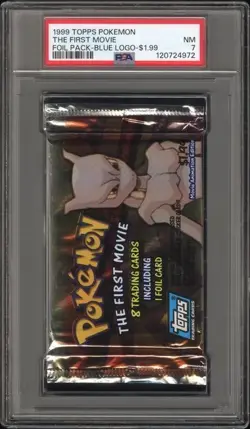PSA 7 = 1999 TOPS THE FIRST POKEMON MOVIE-FOIL PACK- BLUE LOGO = DIFF NUMBERS - Image 1