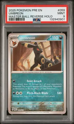 2025 Pokemon Prismatic Evolutions Umbreon #059 Master Ball Reverse Holo PSA 9 - Image 1