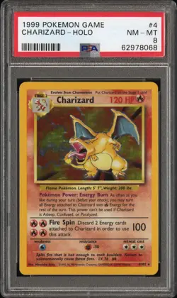 Pokemon 1999 Base Set Unlimited Charizard Holo Rare #4 PSA 8 NM English - Image 1