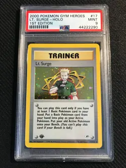 PSA 9 MINT Lt. Surge 17 Gym Heroes 1st Edition Holo Pokemon Card - Image 1