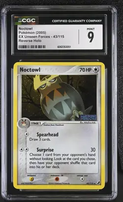 CGC 9 MINT Noctowl EX Unseen Forces 43/115 Reverse Holo STAMPED Pokemon Card - Image 1