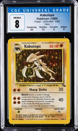1999 POKEMON FOSSIL UNLIMITED HOLO #09 KABUTOPS CGC 8 - Image 1