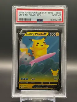 2021 POKEMON CELEBRATIONS #008 SURFING PIKACHU V PSA 10 - Image 1