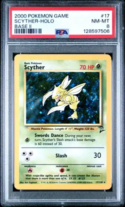 Pokemon TCG 2000 Scyther 17/130 Base Set 2 Holo Rare Swirl PSA 8 Near Mint/Mint - Image 1