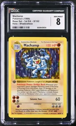Pokemon Machamp 8/102 1st Edition Shadowless Base Holo Rare CGC 8 - Image 1
