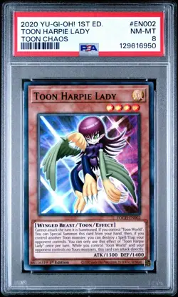 2020 YUGIOH 1st Ed. Toon Chaos EN002 Toon Harpie Lady Super Rare PSA 8 Card NM-M - Image 1