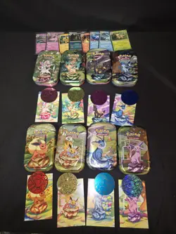 Full Set 8 EMPTY Pokemon PRISMATIC EVOLUTIONS Mini Tins & Eevee Coins (NO PACKS) - Image 1