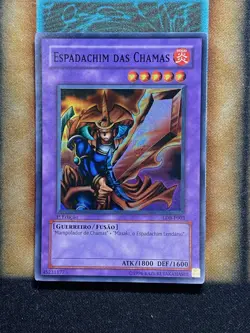 Yugioh Flame Swordsman LOB-003 Super Rare 1st Ed LP PORTUGUESE - Image 1