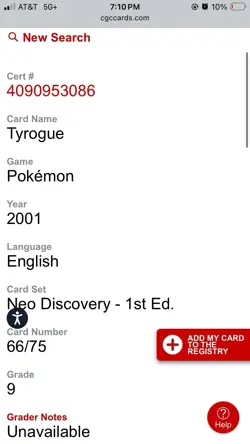 Pokemon 2001 1st Edition Neo Discovery Tyrogue 66/75 CGC 9 MINT!! - Image 3