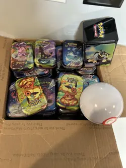 66 Empty Pokemon Tin Lot With Art Cards And Coins! - Image 1
