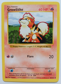 Growlithe Pokemon Card Shadowless Base Set WOTC 28/102 Rare Vintage 1999 LP - Image 1