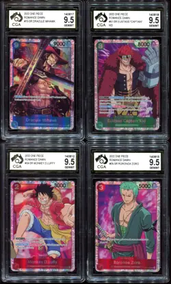 Luffy Zoro Kid Mihawk 9.5 CGA Mint Romance Dawn One Piece Card 4 Slab Bundle/Lot - Image 1