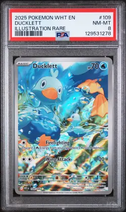 Ducklett 109/086 Sv: White Flare - 2025 Pokemon EN - Illustration Rare PSA 8 - Image 1
