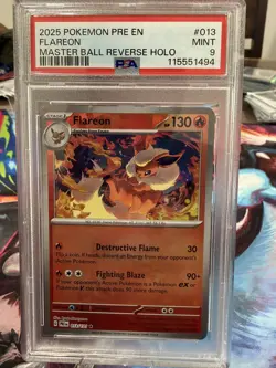 2025 POKEMON PRE EN-PRISMATIC EVOLUTIONS MASTER BALL REVERSE HOLO FLAREON PSA 9 - Image 1