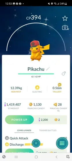 Pokemon Go Shiny Pikachu Wearing Hilbert's Red Hat - Image 1