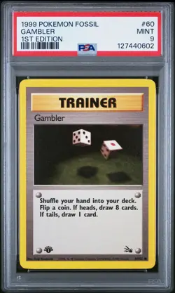 1999 POKEMON FOSSIL 1ST ED #60 GAMBLER PSA 9 - Image 1