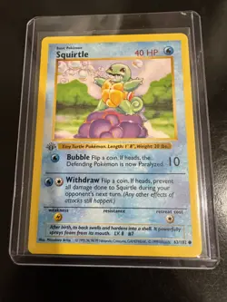 Pokemon Squirtle Card First Edition Base Set, Shadowless, 1999, 63/102, Vintage - Image 1