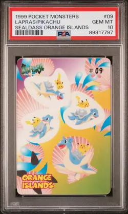 1999 POCKET MONSTERS SEALDASS ORANGE ISLANDS #09 LAPRAS/PIKACHU PSA 10 - Image 1