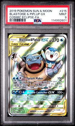 2019 POKEMON SUN & MOON COSMIC ECLIPSE #215 FULL ART/BLASTOISE & PIPLUP GX PSA 9 - Image 1