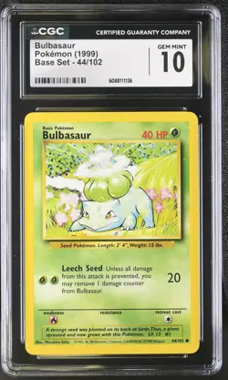 CGC 10 GEM MINT Bulbasaur 1999 Base Set 44/102 Pokemon Card - Image 1