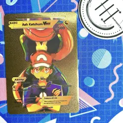 Pokemon Ash Ketchum VMax Gold Foil Holo Textured Fan Art Card Nintendo - Image 1