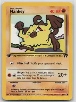 1st Edition Vintage Pokemon Card Mankey Common Team Rocket 61/82 VLP - Image 1