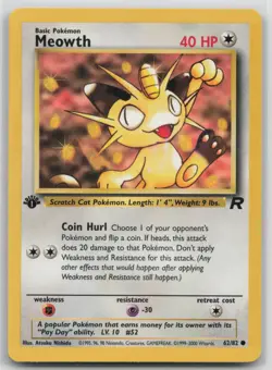 1st Edition Vintage Pokemon Card Meowth Common Team Rocket 62/82 VLP - Image 1