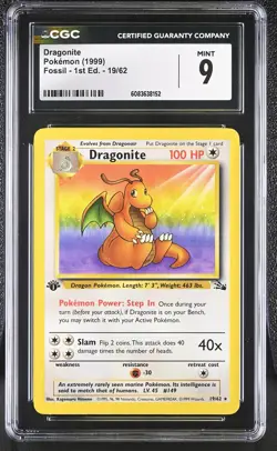 CGC 9 MINT Dragonite 1999 Fossil 1st Edition 19/62 Pokemon Card - Image 1