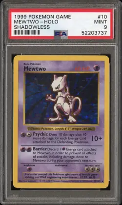 1999 Pokemon Base Set Shadowless Mewtwo Holo 10/102 PSA 9 Mint - Image 1