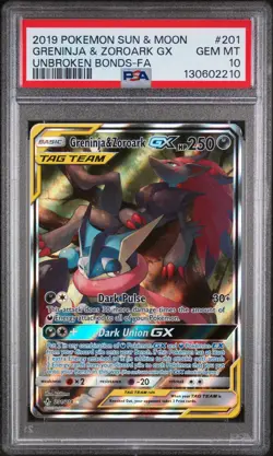 2019 POKEMON SUN & MOON UNBROKEN BONDS #201 GRENINJA & ZOROARK GX PSA 10 - Image 1