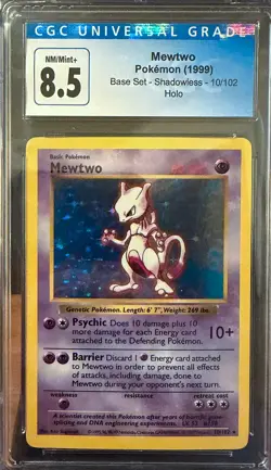 Mewtwo 010/102 Base Set Shadowless Holo WOTC Vintage Pokemon Blue Label CGC 8.5 - Image 1