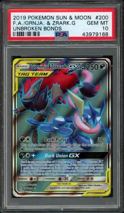 2019 Pokemon Sun & Moon Unbroken Bonds Greninja & Zoroark GX 200/214 PSA 10 Gem - Image 1