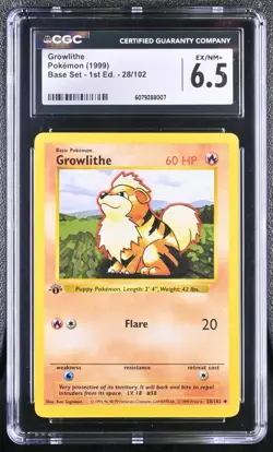 1999 Pokemon Game #28 Growlithe Base Set 1st Edition CGC 6.5 EX/NM+ #288007# - Image 1