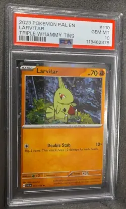 POKEMON CARD LARVITAR 110 COSMOS HOLO TRIPLE WHAMMY TIN GRADED PSA 10 GEM MINT - Image 2