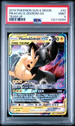 2019 POKEMON SUN & MOON TEAM UP #33 PIKACHU & ZEKROM GX PSA 9 - Image 1