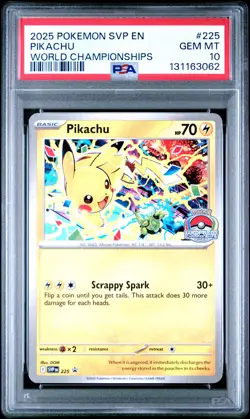 2025 POKEMON SVP EN-SV BLACK STAR PROMO WORLD CHAMPIONSHIPS #225 PIKACHU PSA 10 - Image 1