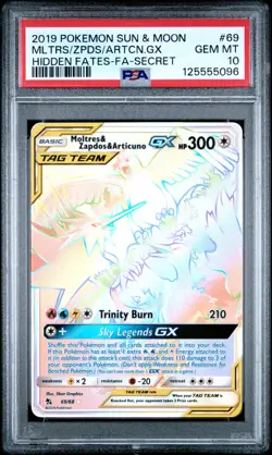 Pokemon Card PSA 10 Moltres Zapdos Articuno GX 69/68 Rainbow Hidden Fates 2019 - Image 1