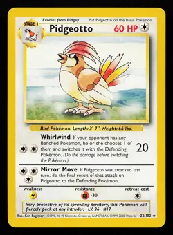 Pidgeotto 22/102 Rare 4th Print 1999-2000 Base Set Pokemon Card - Image 1
