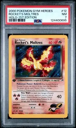 Pokemon 2000 Rockets Moltres 12/132 Holo 1st Edition Gym Heroes PSA 7 Swirl - Image 1