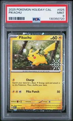 PIKACHU - (Holiday Calendar) 025/165 Stamped NM - Cosmos Holo - Pokemon PSA 9 - Image 1