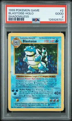 1999 POKEMON BASE SET SHADOWLESS #2 BLASTOISE-HOLO PSA 2 - Image 1