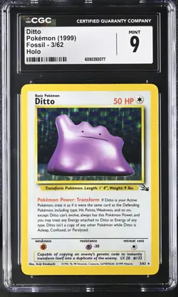 CGC 9 MINT Ditto 1999 Fossil 3/62 Holo Pokemon Card - Image 1