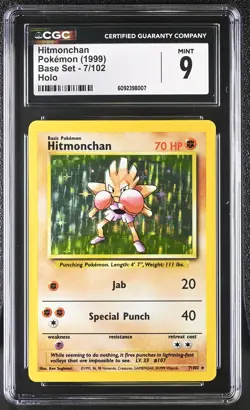 CGC 9 MINT Hitmonchan 1999 Base Set 7/102 Holo Pokemon Card - Image 1