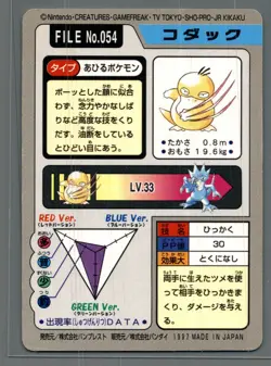 Pokemon Carddass Card Psyduck File No.54 Bandai Pocket Monsters 1997 Japan - Image 2