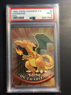Charizard 1999 Topps Pokemon T.V. #6 Foil Black Logo PSA 9 “Rays” pattern - Image 1