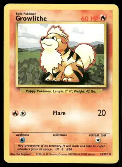Growlithe 1999 Base Set Unlimited WOTC Vintage Pokemon Card 28/102 (LP-NM) - Image 1