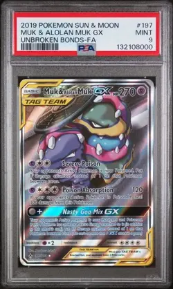 2019 POKEMON SUN & MOON UNBROKEN BONDS #197 FULL ART/MUK & ALOLAN MUK GX PSA 9 - Image 1