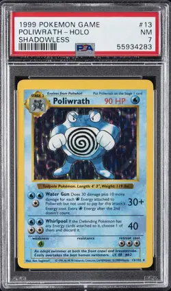 1999 POKEMON GAME SHADOWLESS #13 POLIWRATH-HOLO PSA 7 - Image 1