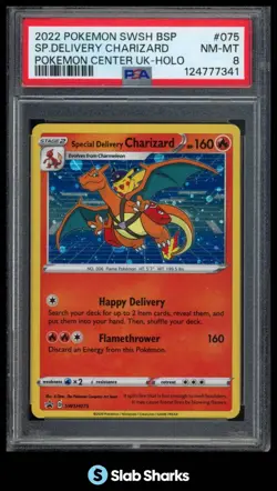 2022 POKEMON SWSH075 BSP SPECIAL DELIVERY CHARIZARD POKEMON CENTER UK HOLO PSA 8 - Image 1